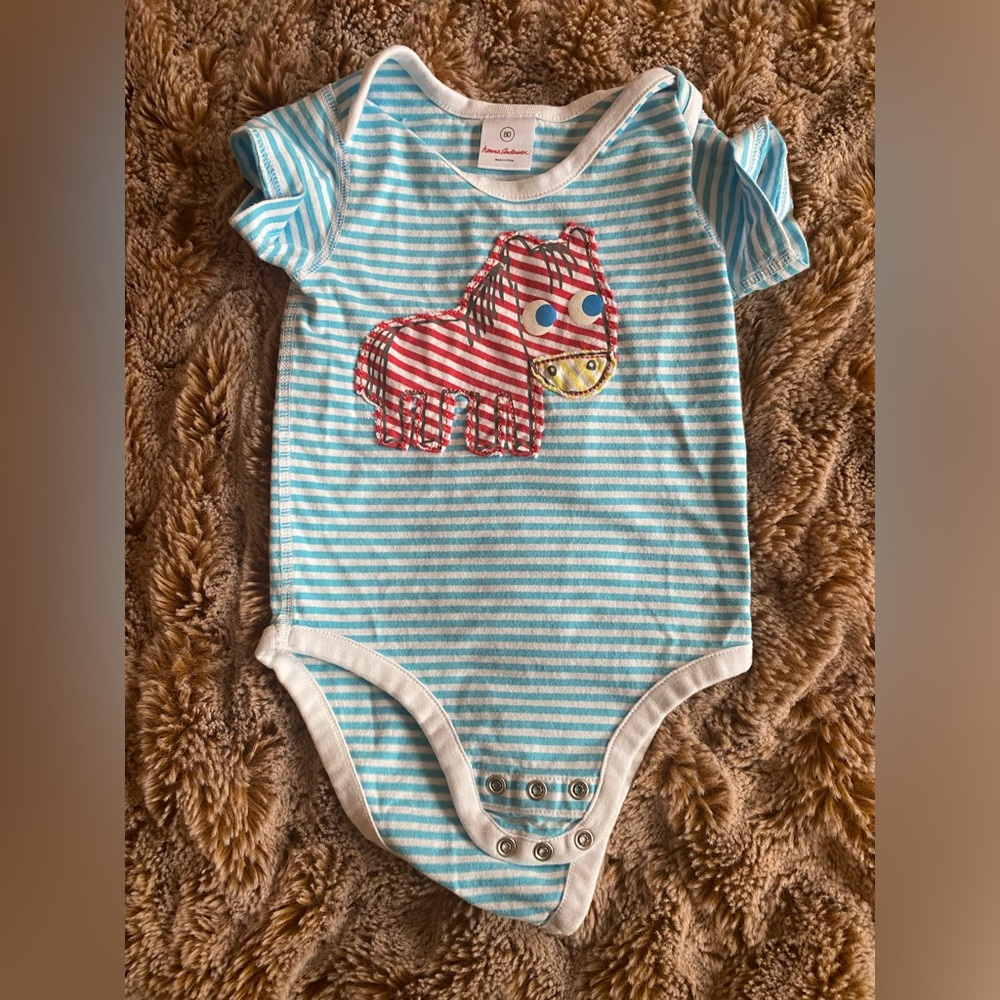 Like new Hanna Anderson blue striped donkey onesie